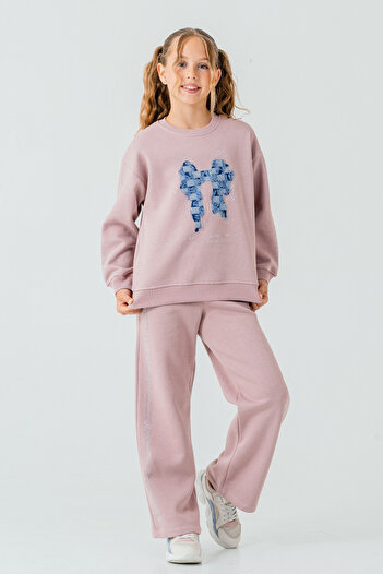 AHENGİM Girl's Bow Embroidered Stone 3 Thread Thick Winter Tracksuit Set Ak4222