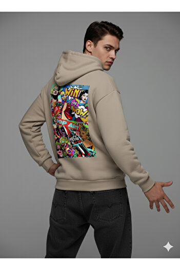 By Caspita Fashion Lenithra Pop Art Coca Cola Back Printed Unisex Oversize Beige Hoodie