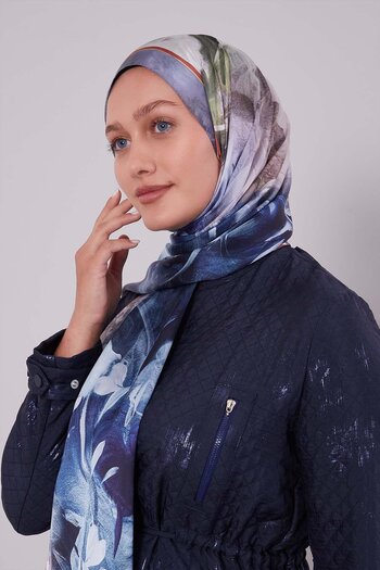 Levidor Denim Blue Mixed Leaf Pattern Indian Silk Shawl