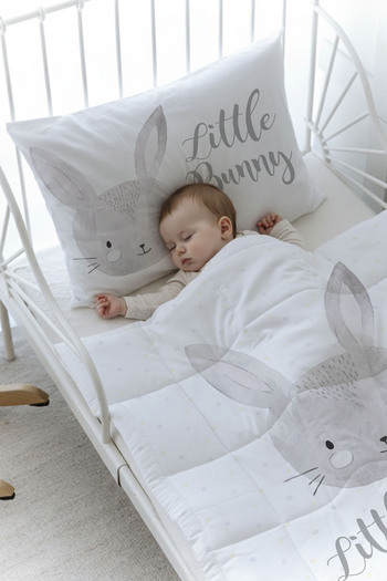 Tuğba Kuğu Organic Printed Baby (100X150) Quilt Set - for Baby Series - Charcoal Rabbit