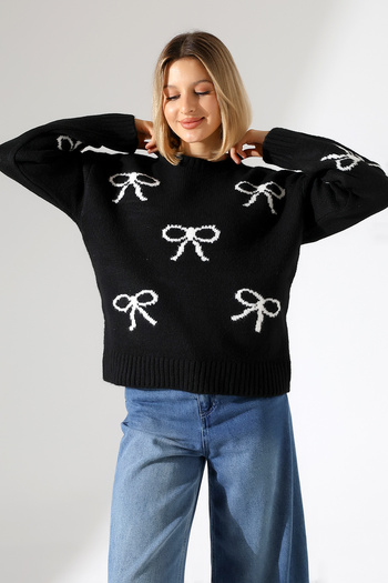 Devinka Women's Black Bow Patterned Knitwear Sweater