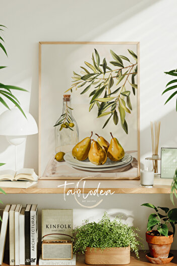 tablodea Bohem Zeytin Dalları Çerçeveli Poster Tablo Minimalist Dekoratif Meyve Desenli Mutfak Duvar Tablosu