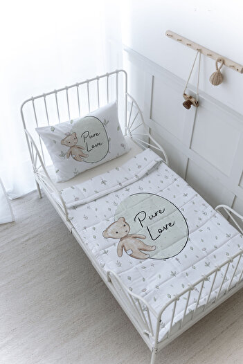Tuğba Kuğu Organic Printed Baby (100X150) Quilt Set - for Baby Series - Retro Teddy Bear