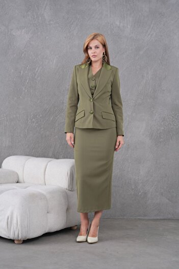 nodilife Square Buttoned Triple Women's Suit Khaki