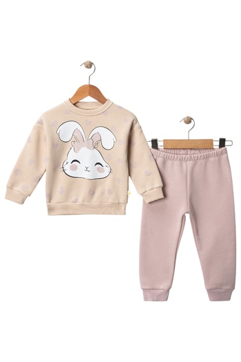 Bobişko Girl's Winter Rabbit Printed Tracksuit Set |   3 Threaded Rasterized