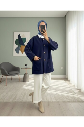 Modamorfo Double Pocket Buttoned Front Cashmere Jacket - Navy