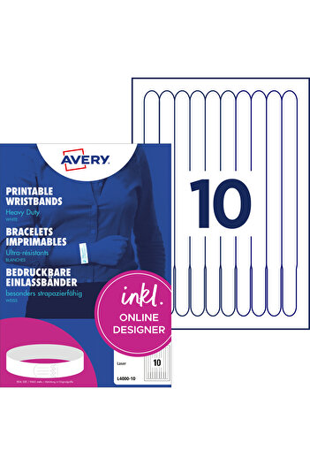 Avery Zweckform Customizable entry wristbands, L4000-10, dimensions 265x18 mm, 100 pcs./set
