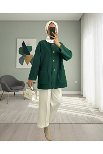 Modamorfo Double Pocket Buttoned Front Cashmere Jacket - Emerald
