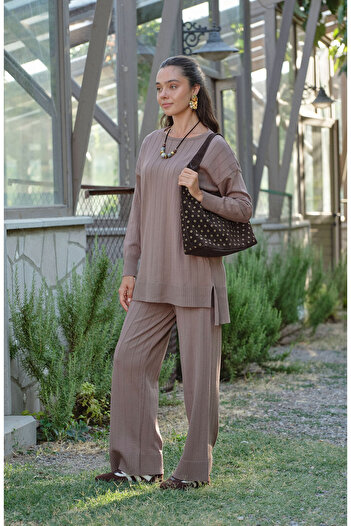 Fatma Atasoy Self-Stripe Mocha Basic Mercerized Knitwear Double Set