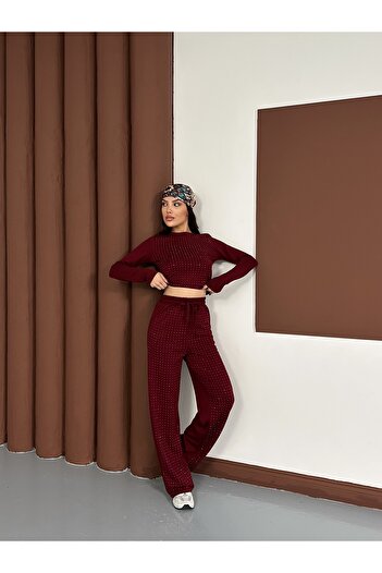 MODAMERSİ Women's Burgundy Stone Print Detailed Modal Fabric Top and Bottom Set