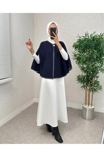 Modamorfo Shepherd's Stitch Pocketed Cashmere Poncho - Navy
