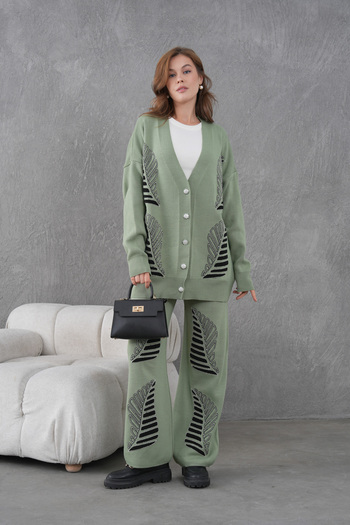 Miss Allos Women's Beaded and Embroidered Wide-Fit Knitwear Cardigan and Pants Top and Bottom Set