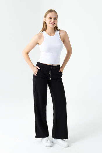 GİYSA Women's Adjustable Waist Wide Leg Double Pocket Sweatpants Black - Mw0000199