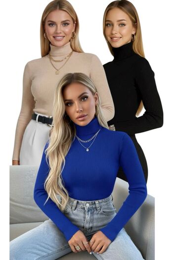 hashtag High Neck Long Sleeve Women's Bodysuit Sweater Set of 3 - Black Blue Beige Color Options
