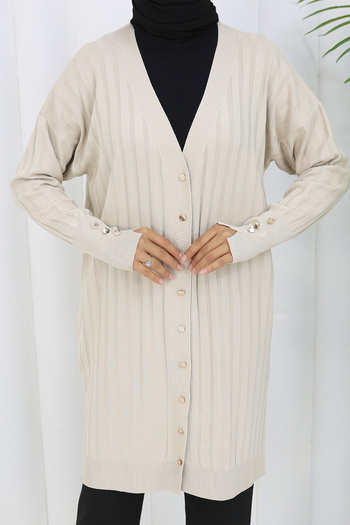 benguen Self-Stripe Long Mercerized Cardigan N3179 Stone Color