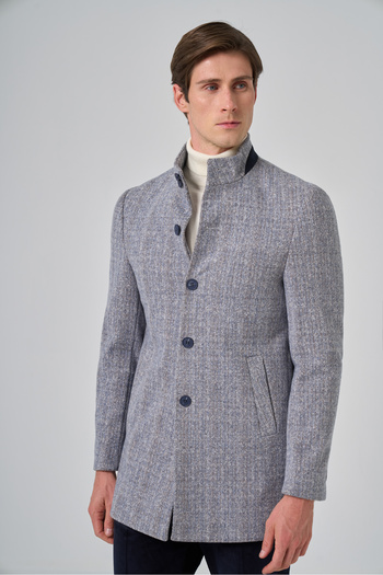 Morven Men's Navy Blue Herringbone Pattern High Collar Dynamic Fit Coat