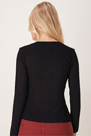 armonika Women's Black V-Neck Long Sleeve Gathered Front Soft Textured Lycra Blouse Arm-26K001014
