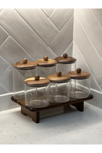 Sade Hediye 6-Piece Seasoning Container Set with Acacia Lid and Stand/2-Piece Glass Oil and Sauce Bowl Set