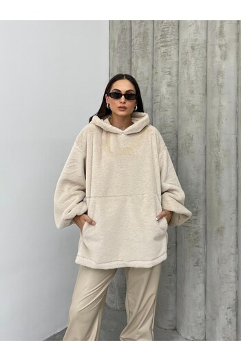 spirituel Women's Sweatshirt Oversize Plush Hooded with Pockets and Elasticated Sleeves