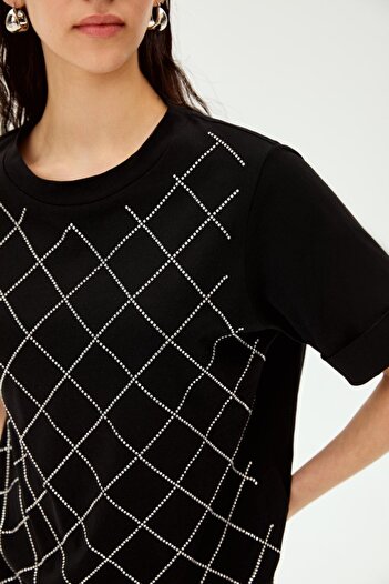 Allyco Stoned Diamond Patterned Crew Neck Cotton Regular Knitted T-Shirt