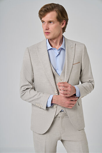 Morven Erkek Bej Poliviskon Trend Yelekli Çizgili Desen Slim Fit Sivri Yaka Takım Elbise