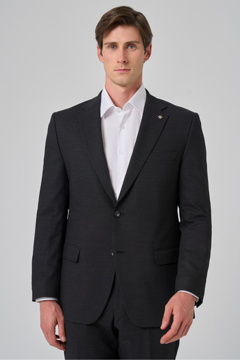 Morven Men's Black Wool Trend Patterned Dynamic Fit Mono Collar Suit