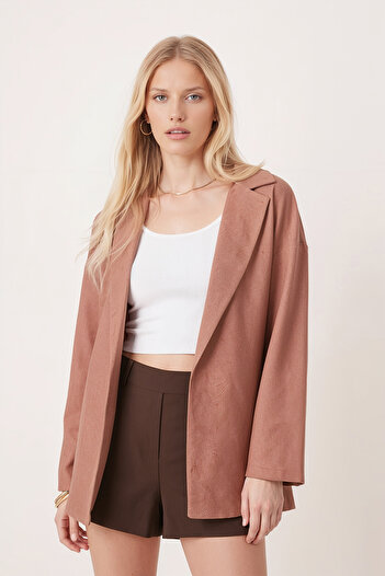armonika Women's Camel Men's Collar Oversized Jacket with Side Slits Arm-26K001009