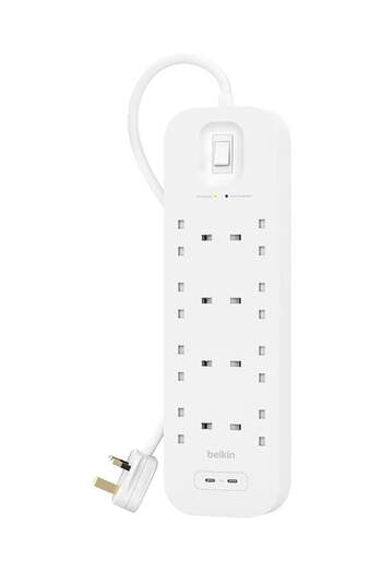 Belkin 30W 8-Way 2-USB Power Extension Surge Protector, White, 2m