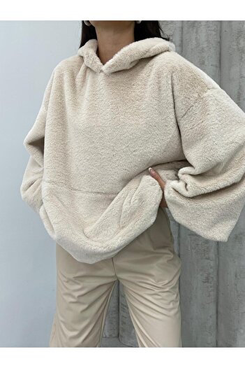 spirituel Women's Sweatshirt Oversize Plush Hooded with Pockets and Elasticated Sleeves