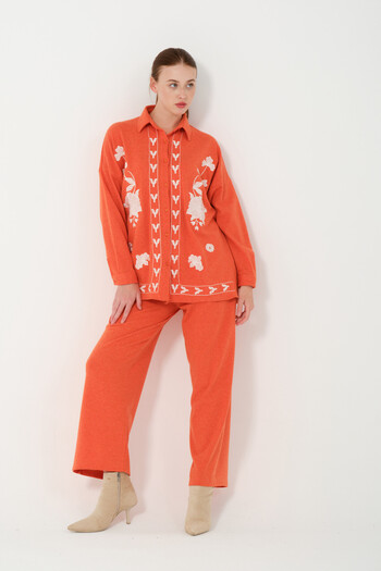 Hatun Atila Embroidered Hera Fabric Double Suit 8562 Orange