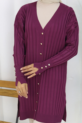 benguen Self-Stripe Long Mercerized Cardigan N3179 Plum