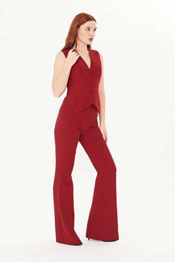 PEARL Bordo Krep Flare Pantolon – Yüksek Bel, Rahat Kesim, Ofis ve Günlük Kadın Pantolon