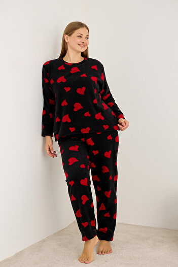 Siyah İnci Black Heart Patterned Plus Size Fleece Winter Knitted Pajamas Suit