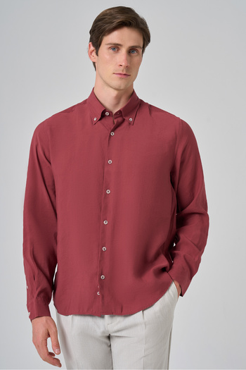 Morven Men's Burgundy Trendy Plain Pattern Dynamic Fit Buttoned Collar Shirt