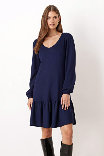armonika Women's Navy Blue U-Neck Long Sleeve Lycra Dress with Ruffle Hem Arm-26K001012