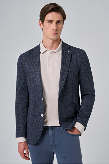 Morven Men's Navy Blue Knitted Trendy Patterned Slim Fit Mono Collar Jacket