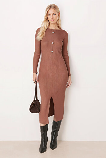 armonika Women's Light Brown Wide Neckline Long Sleeve Front Buttoned Bodycon Slit Dress Arm-26K001013