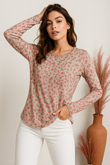 Rich Women's Pink Patterned Crew Neck Long Sleeve Blouse