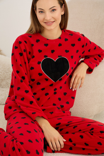 Siyah İnci Red Black Heart Pattern Embroidered Fleece Winter Knitted Pajamas Set