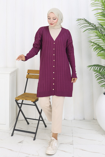 benguen Self-Stripe Long Mercerized Cardigan N3179 Plum