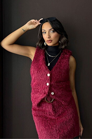 Caddebostan Moda Vintage Style Burgundy Feathered Women's Premium Luxury Trend Design Vest