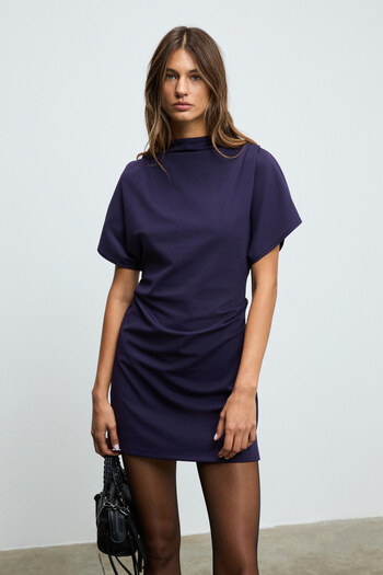 GRIMELANGE Maxine Women's Pleated Detail at Shoulder and Waist, Stand Collar, Zipper Closure, Short Sleeve Mini Purple Dress
