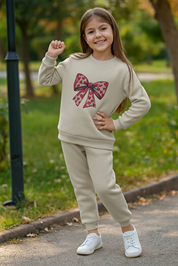 Merdia Girl's 3-Thread Ribbed Inner Layer Top and Bottom Tracksuit Set with Ribbon Print