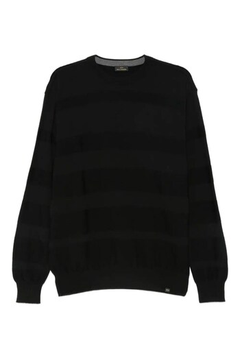 PAUL&SHARK Men's Regular Fit 100% Pure Wool Striped Ribbed Round Neck Long Sleeve Black Knitwear 15311039-011