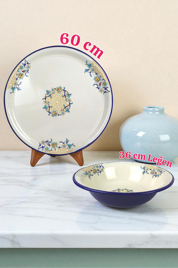 İnci Emaye 60 No. Enamel Sini Tableware 36 Bowls, Food Presentation Tray, Floor Tableware Zinc ~58 cm
