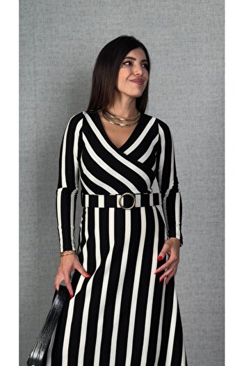 EyesOf Women's Long Sleeve Double Breasted Collar Belt Included Striped Knitwear Dress