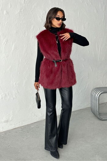 Caddebostan Moda Burgundy Feathered Long Fur Stylish Premium Luxury Trend Special Design Women's Vest