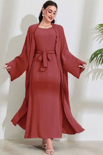 dorbe modest & stylish elegant multi-colors long sleeve belted two-piece women’s wear abaya set