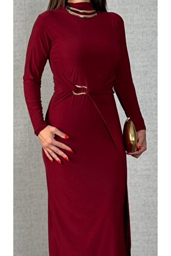 JANES Women's Turtleneck Buckle Detail Sandy Fabric Midi Length Dress