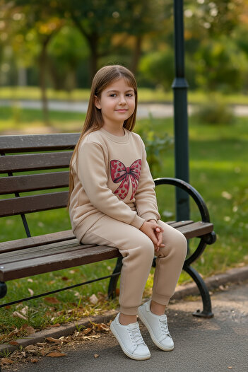 Merdia Girl's 3-Thread Ribbed Inner Layer Top and Bottom Tracksuit Set with Ribbon Print